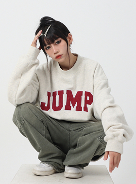 JUMPNEXT国潮牌美式复古麂皮绒贴布绣字母冬加绒宽松情侣圆领卫衣