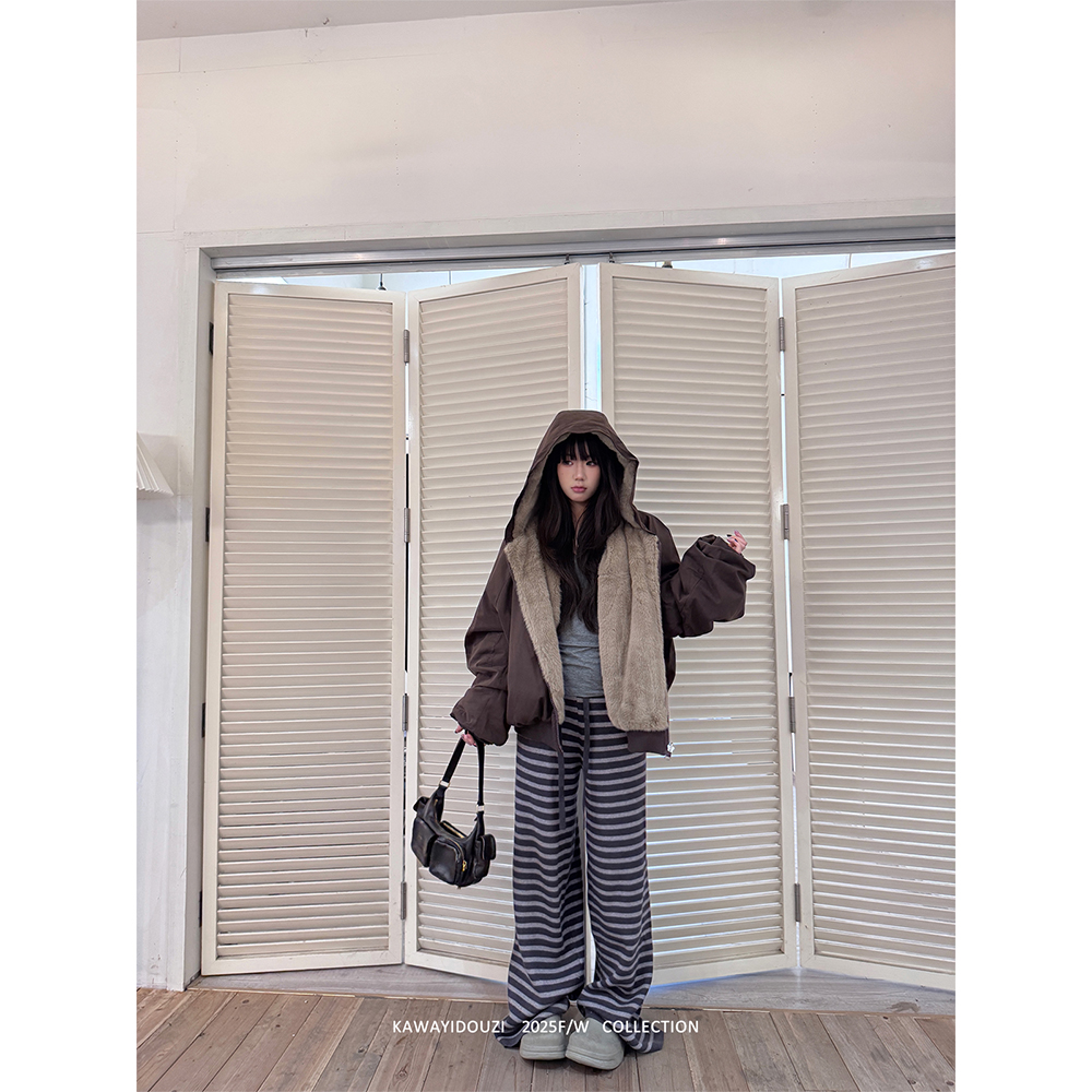Kawayi豆子【出圈裤】慵懒风条纹细腻软糯针织抽绳休闲宽松阔腿裤