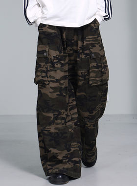 JUMPNEXT国潮牌美式重磅迷彩裤男女秋冬复古直筒工作裤阔腿拖地裤
