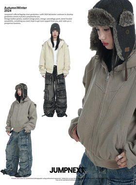 JUMPNEXT座山雕加绒加厚外套男cleanfit重磅帆布水洗宽松棉服夹克