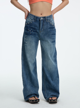 JUMPNEXT美式复古重工铆钉水洗牛仔春夏高腰显瘦宽松阔腿拖地长裤