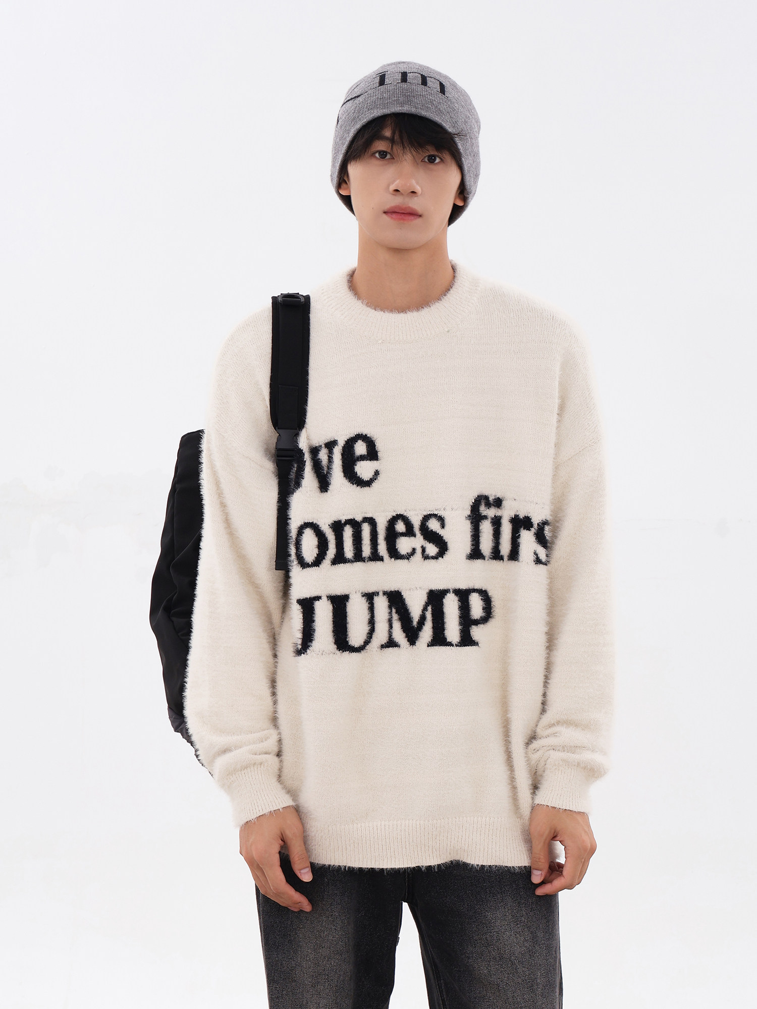 JUMPNEXT 내셔널 트렌드 문자 로고 자카드 스웨터 라운드넥 모헤어 풀오버 스웨터 커플 긴팔 캐주얼