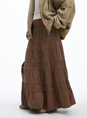 JUMPNEXT褶皱刺绣蛋糕裙夏季时尚百搭文艺超大摆纯色半身A字裙