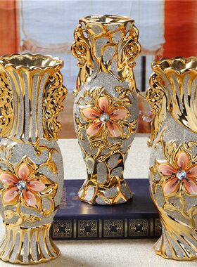 欧式花瓶摆件陶瓷工艺品 金色结婚礼物 客厅装饰开业摆件软装家居