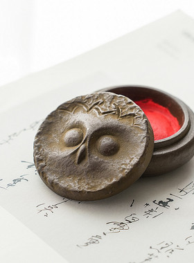 进口猫头鹰印台印泥书房摆件