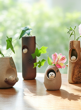 日本信乐烧粗陶花器花瓶摆件送礼