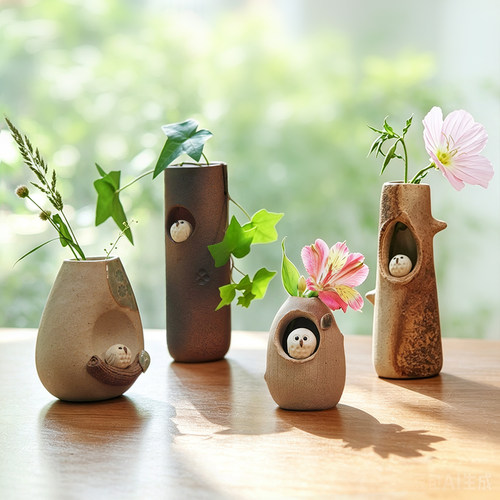 日本信乐烧粗陶花器花瓶摆件送礼