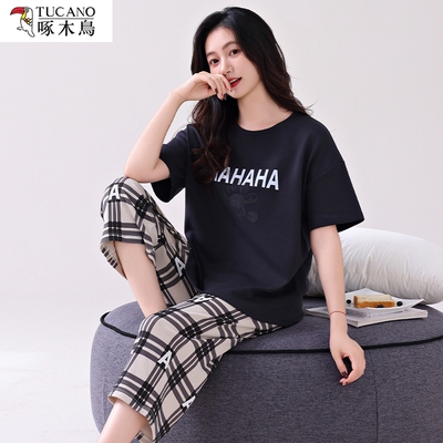 啄木鸟带胸垫纯棉睡衣女士夏季七分裤短袖家居服黑色格子裤套装