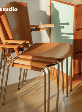 中古风设计师实木餐椅家用小户型软包单人椅不锈钢办公椅化妆椅子