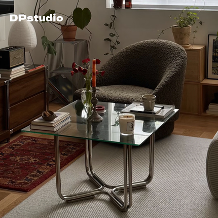 现代简约钢化玻璃茶几包豪斯不锈钢茶桌小户型客厅方形圆形边几