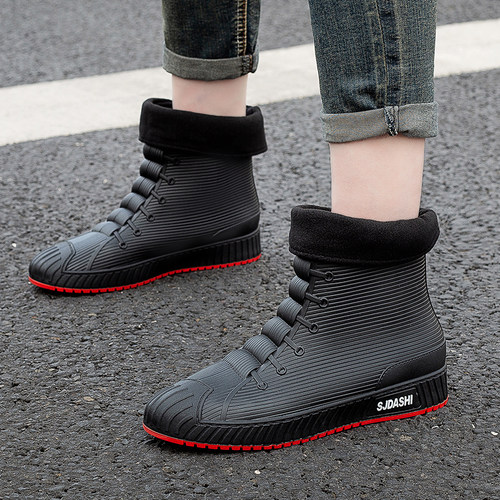 束口加棉绒德系雨鞋男时尚防滑中筒雨靴外卖骑手专用户外工地水鞋