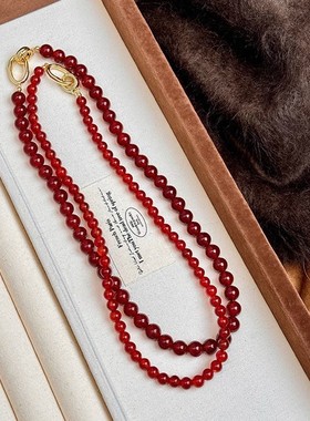 新中式红玛瑙玉石锁骨链气质网红金属扣毛衣链时尚红色本命年项链