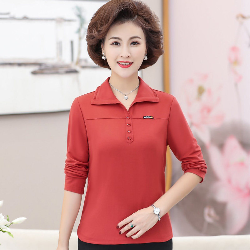 2020新款中老年女装秋装翻领纯棉长袖t恤女宽松大码打底衫妈妈装