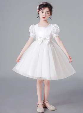 女童礼服公主裙夏季儿童白色婚纱花童婚礼小主持人钢琴演奏演出服