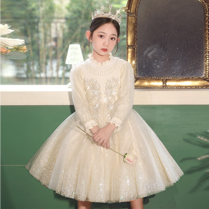 儿童礼服公主裙女童秋冬花童小女孩主持人钢琴演奏演出服加绒冬裙