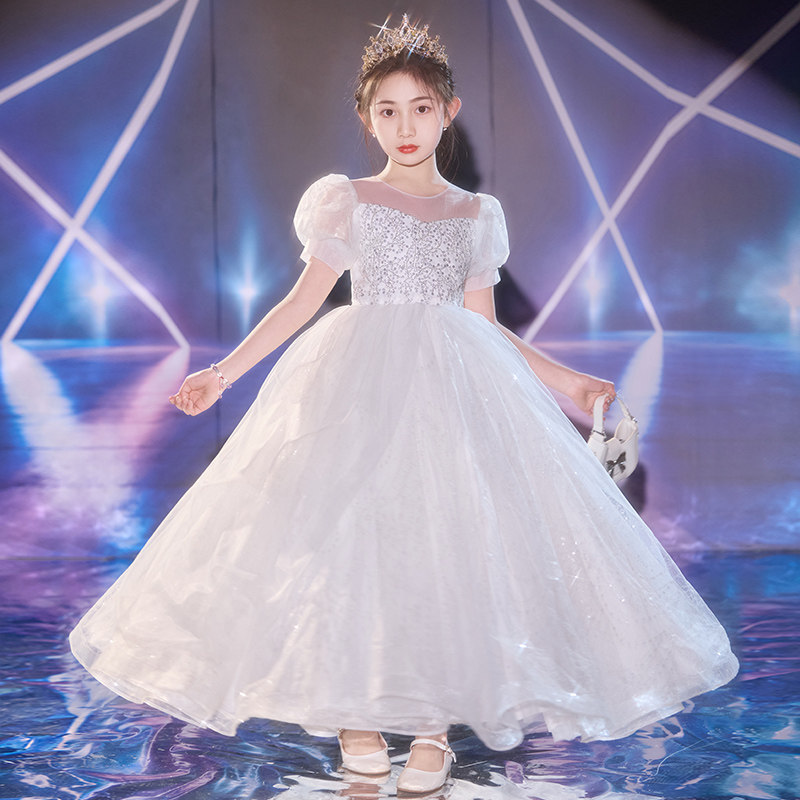 女童礼服主持人儿童白色公主裙生日花童婚礼小女孩钢琴走秀演出服