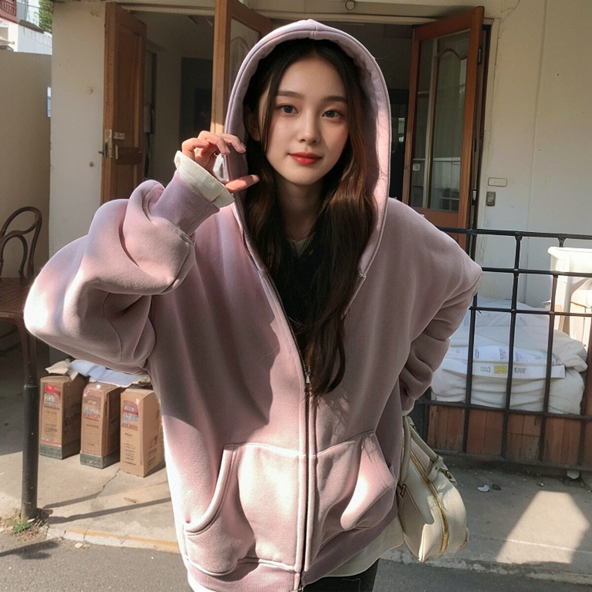 400g高克重超厚一体绒拉链连帽卫衣女设计感显瘦保暖外套