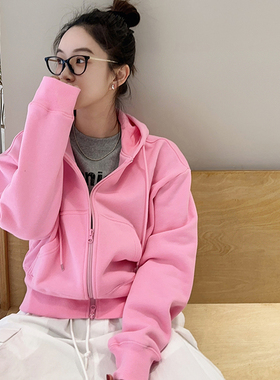 Oumi  Gard 时髦显瘦短款纯色卫衣女宽松休闲YKK双头拉链连帽外套