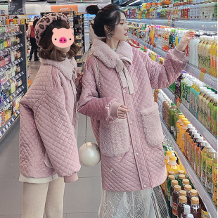 2025冬季新款大口袋菱格丝绒棉服女中长款蝴蝶结毛领加厚棉袄外套