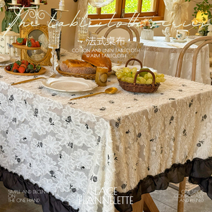 法式 长方形餐桌布蕾丝轻奢高级感 复古桌布黑色玫瑰刺绣高级感美式