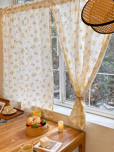 棉布小窗户法式复古黄色印花窗帘