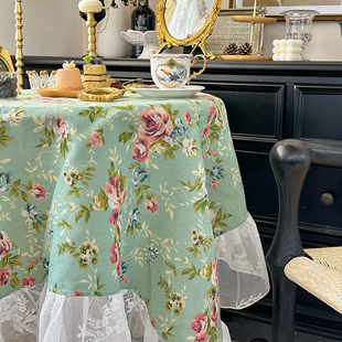 美式绿色碎花小清新桌布法式乡村复古荷叶边餐桌布棉麻台布蕾丝