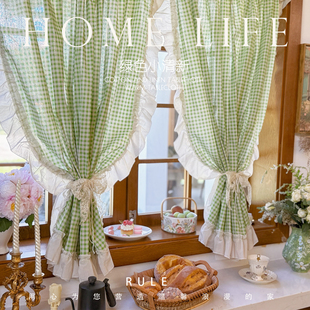 美式乡村绿格子窗帘复古半帘荷叶边飘窗隔断帘小窗户厨房半帘韩式