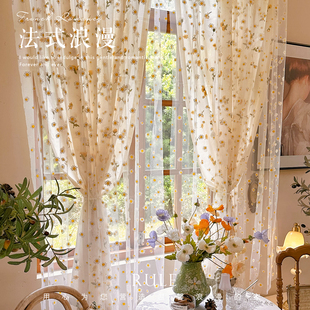 美式 饰隔断帘 田园双层窗帘立体小雏菊刺绣网纱奶油卧室飘窗民宿装