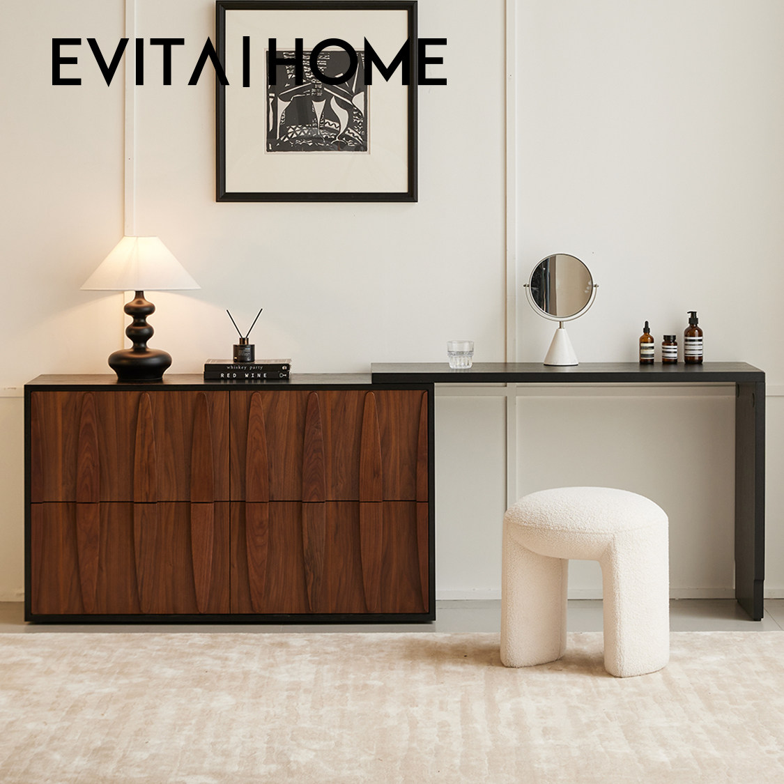 里川梳妆台斗柜一体复古中古风卧室转角可伸缩现代高级感化妆桌子