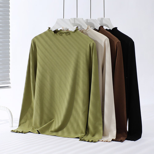 长袖宽松木耳半高领棉打底衫女