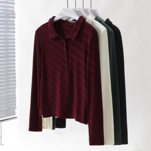 胖mm200斤内搭修身 T恤女秋冬大码 显瘦打底上衣 原创POLO领长袖 单装