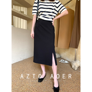 万能裙秋季新款简约通勤开叉A字中长裙高腰宽松显瘦西装半身裙