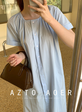 清仓夏女士简约宽松衬衫裙白色A字长裙显瘦短袖连衣裙