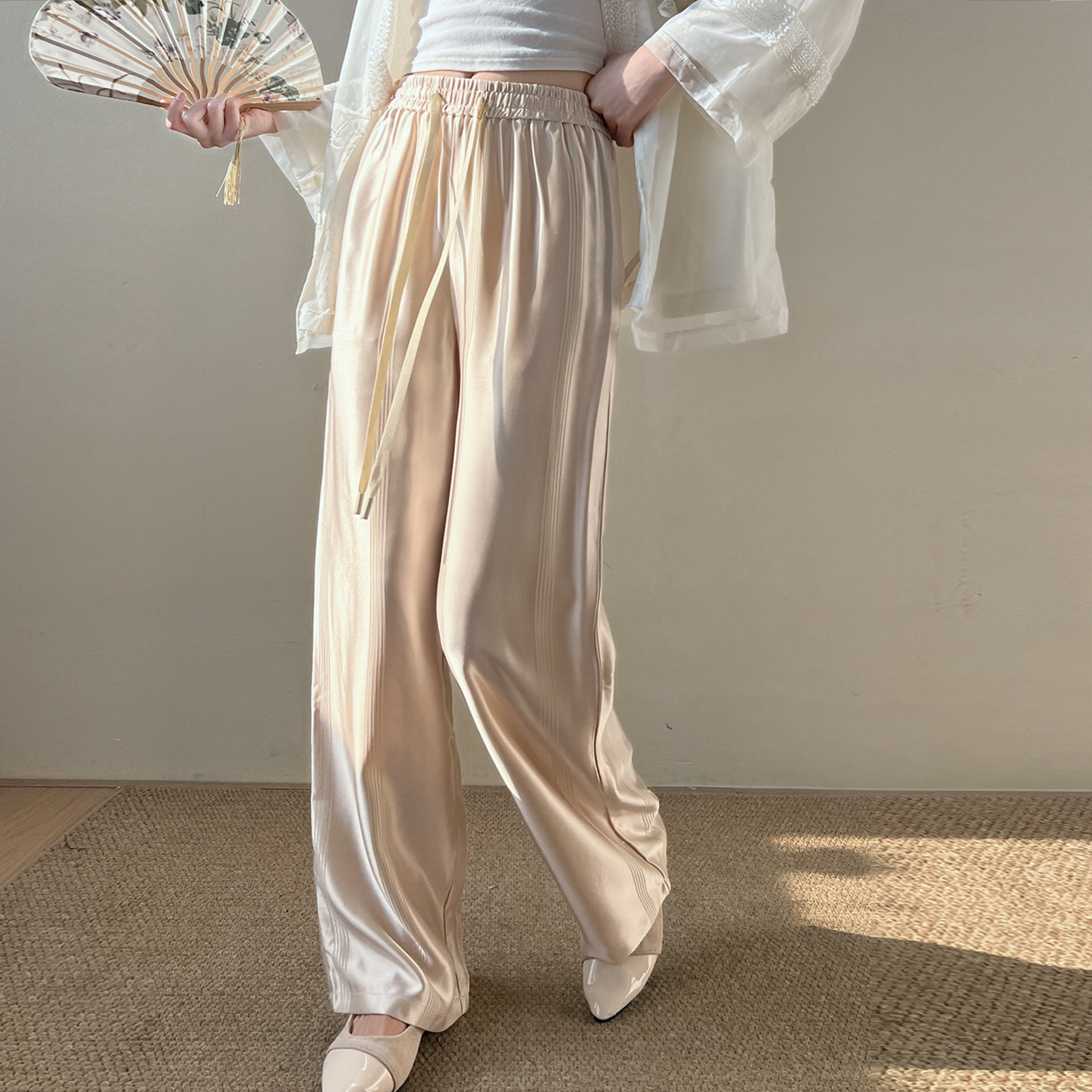 优雅缎面醋酸休闲阔腿裤女春夏冰丝垂顺高腰显瘦新中式百搭凉凉裤,女装/女士精品,裤子,淘宝优惠券,粉丝福利购,淘宝优惠卷