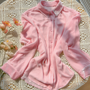 高级感别致真丝粉色金丝绒设计感上衣女秋冬气质打底显瘦长袖衬衫