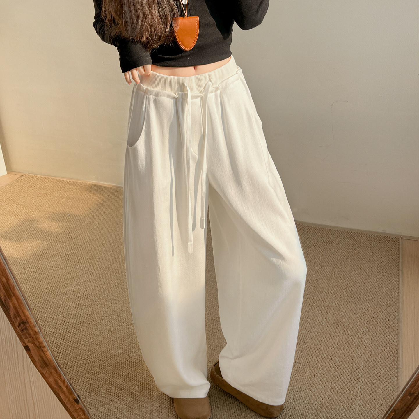 欧货简约高腰垂坠感抽绳弯刀裤女春夏宽松大码显瘦休闲阔腿拖地裤,女装/女士精品,大码裤装,淘宝优惠券,粉丝福利购,淘宝优惠卷
