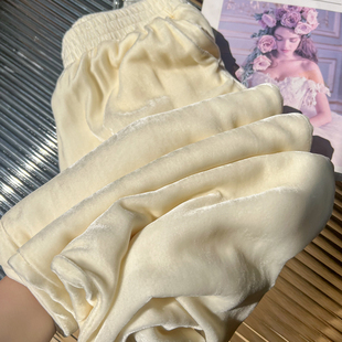 禅意复古重磅金丝绒ROW风显高显瘦桑蚕丝休闲直筒松紧丝绒阔腿裤