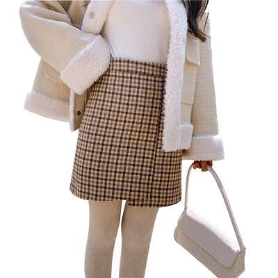 毛呢格子高腰不规则卡其色包臀裙