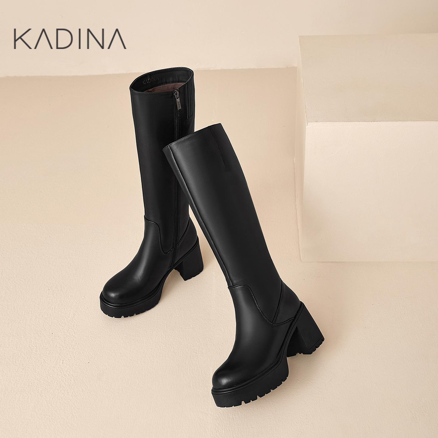 卡迪娜加绒长筒靴2025冬季新款长靴骑士靴牛皮高筒靴子KA252010