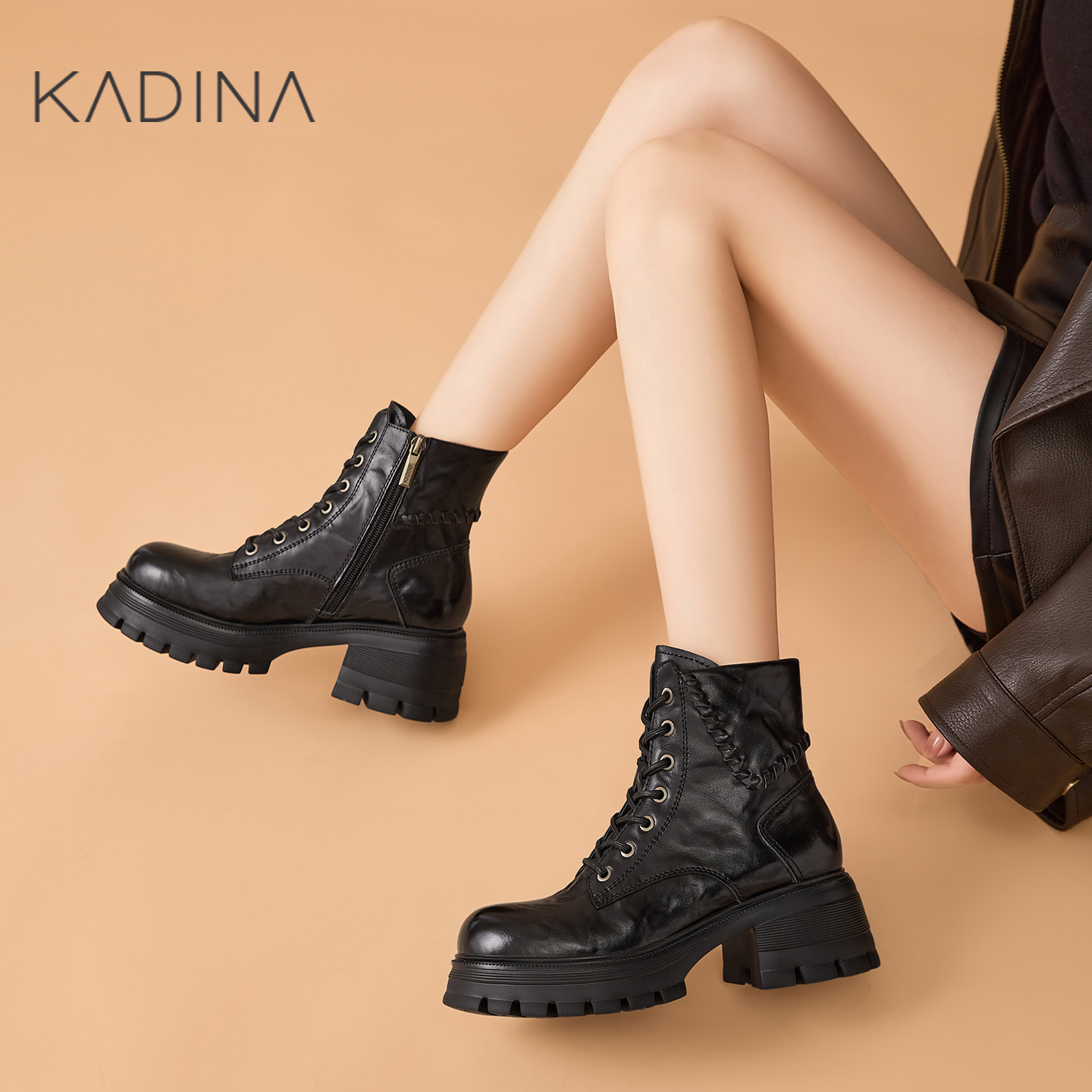 卡迪娜马丁靴厚底2025冬季新款增高美拉德靴子女款短靴KA251812