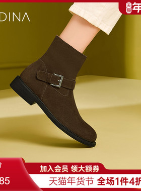卡迪娜新款加绒保暖西部骑士短靴牛仔靴女KWA240108
