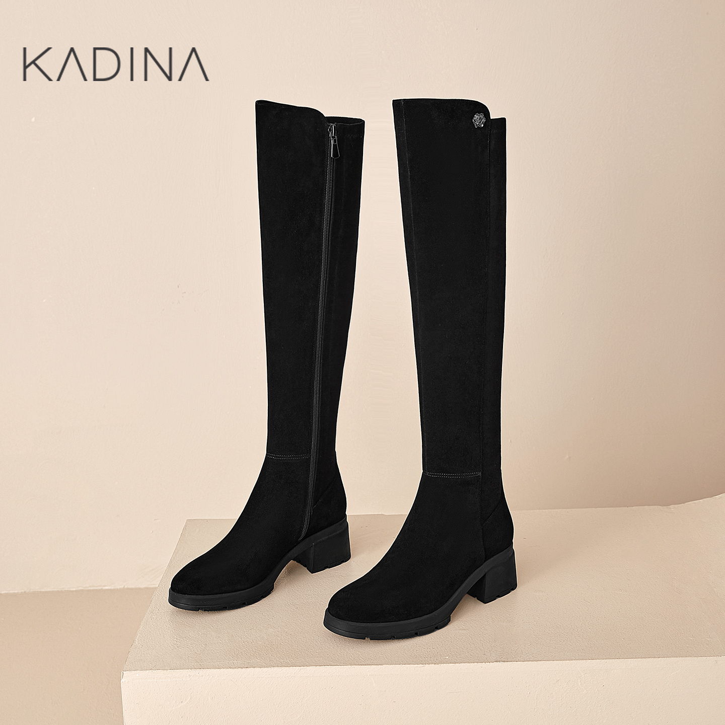 卡迪娜2025冬季新款加绒弹力靴子羊皮长筒靴显瘦过膝长靴KA251518