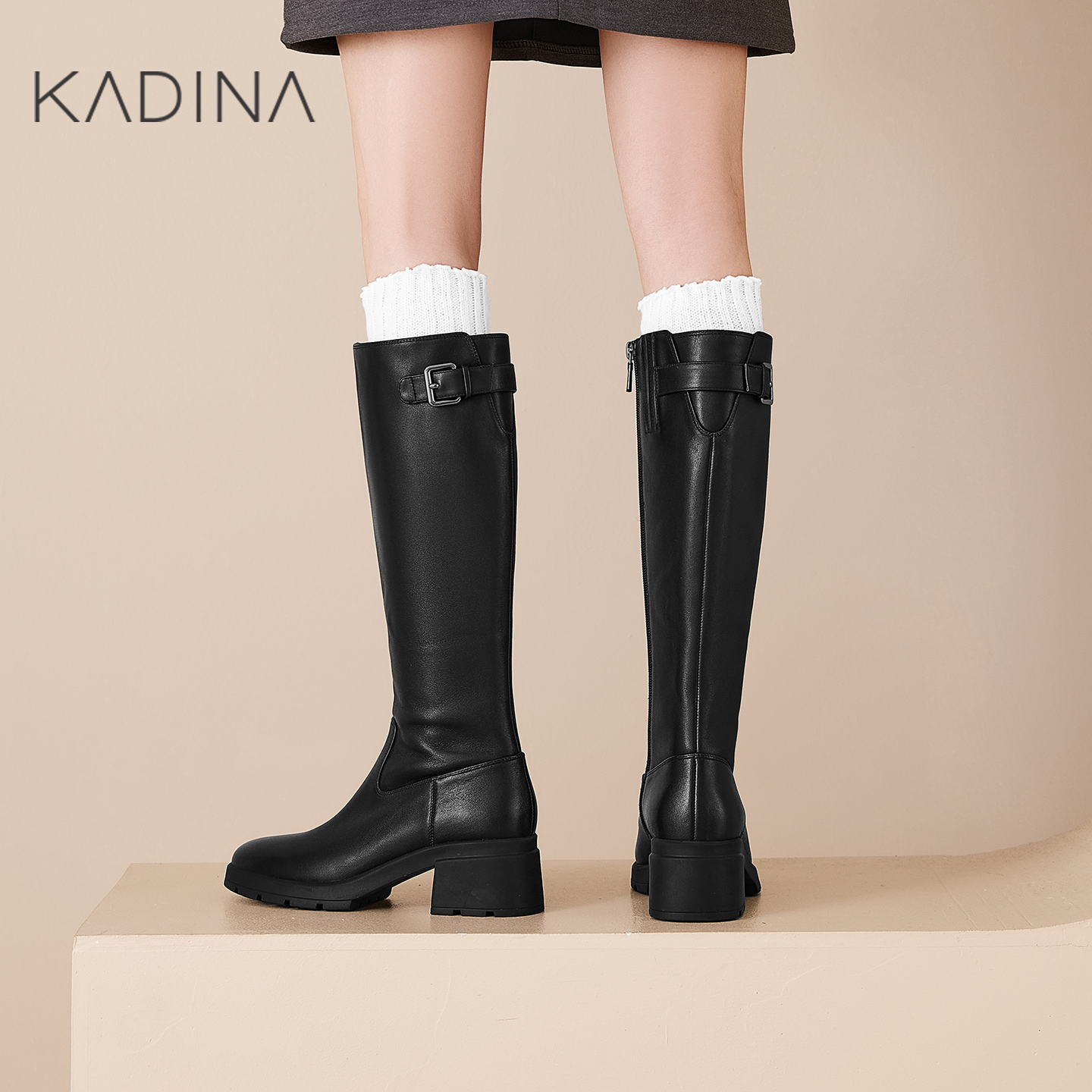 卡迪娜真皮骑士靴高筒长靴2025冬季新款显瘦显高长筒靴KA251517