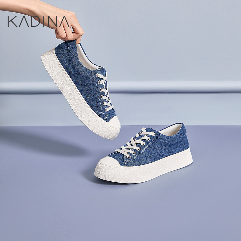 卡迪娜厚底圆头牛仔休闲鞋小白鞋