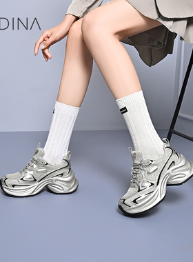 卡迪娜新品厚底增高透气银色老爹鞋休闲鞋女KCL245201