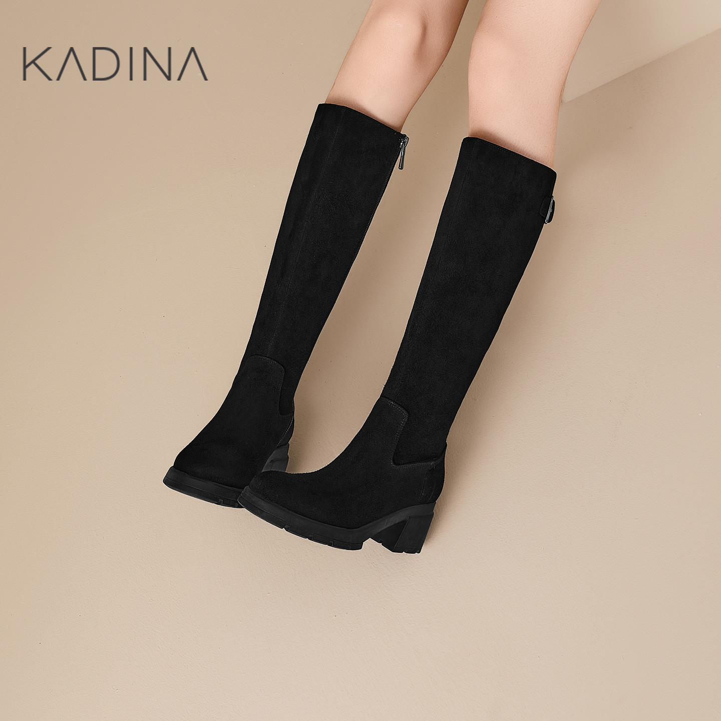 卡迪娜真皮骑士靴高筒长靴2025冬季新款显瘦显高长筒靴KA251517