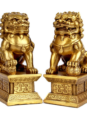 铜狮子摆件黄铜狮子一对家居摆设铜宫门狮一对