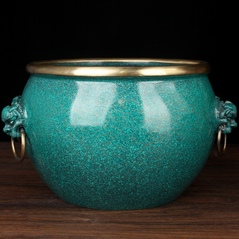 彩绘绿铜缸摆件 铜大水缸摆件 铜聚宝盆缸摆件