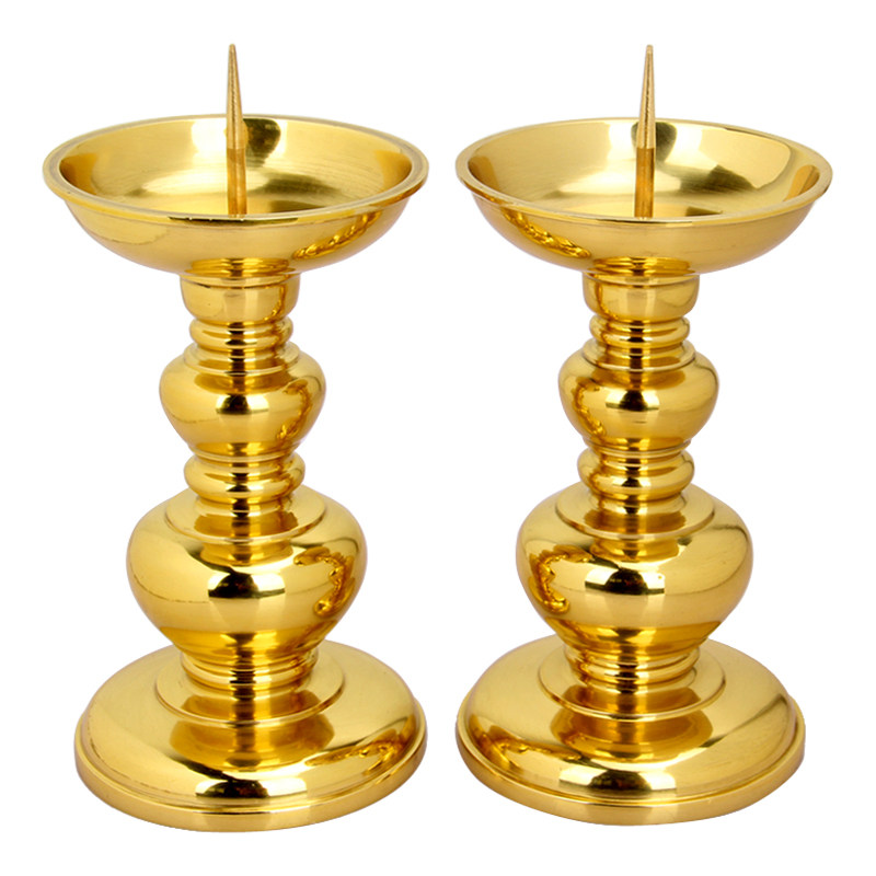 厚德居 铜座洋烛针烛台 供佛蜡烛灯台 铜光身葫芦烛座 铜摆件一对