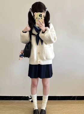 秋冬日系学院慵懒甜美宽松毛绒绒毛衣jk外套针织衫学院风上衣开衫